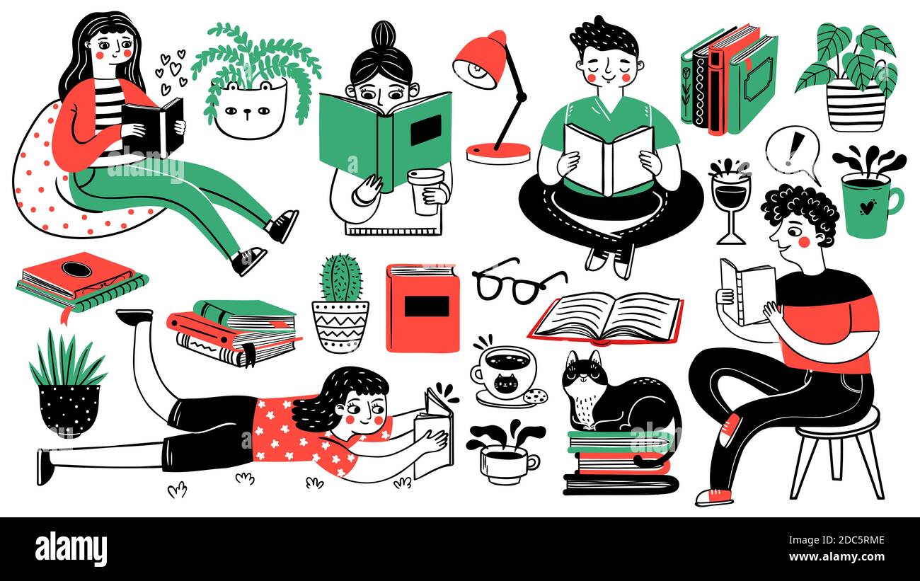 Bücher und Leser. Glückliche Menschen lesen und studieren. Buchstapel, Zimmerpflanzen, Katze, Tee und Kaffeetasse. Handgezeichnete Cartoon Hobby dekoratives Set Stock Vektor