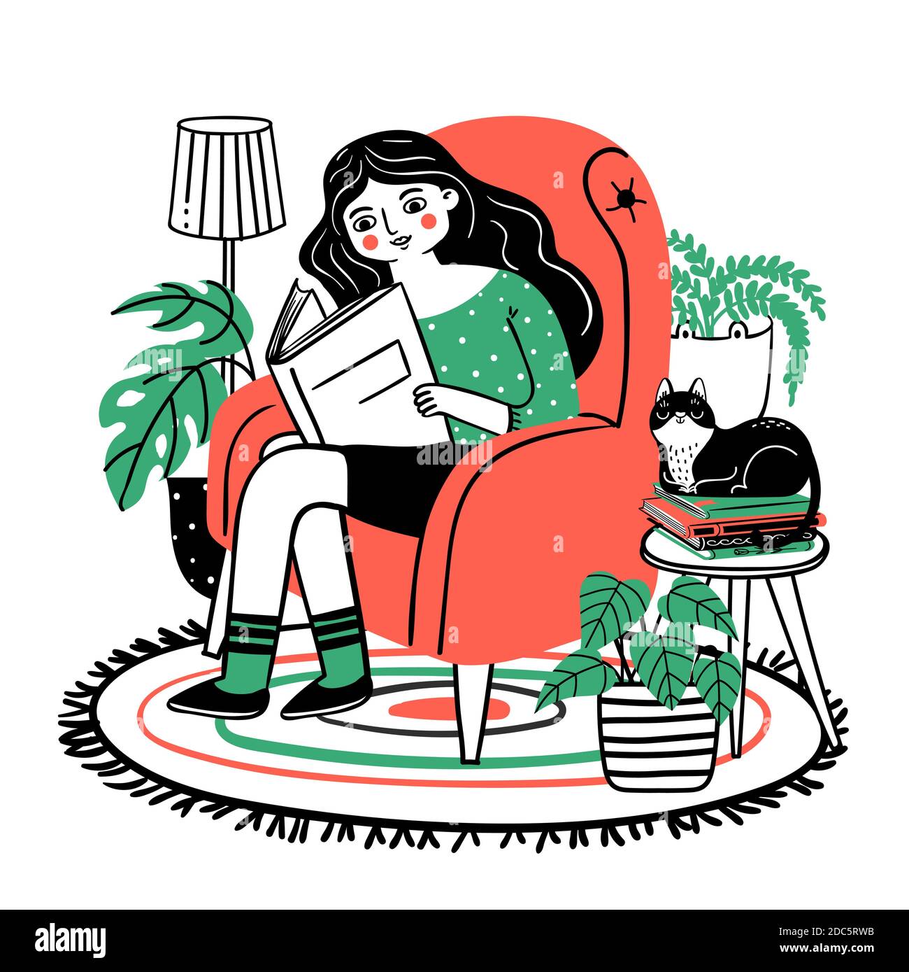 Frau liest im Stuhl. Glücklich entspannt Mädchen Buch im gemütlichen Sessel zu Hause lesen. Bücher Liebhaber mit Pflanzen und Katze. Handgezeichnetes Vektorkonzept Stock Vektor