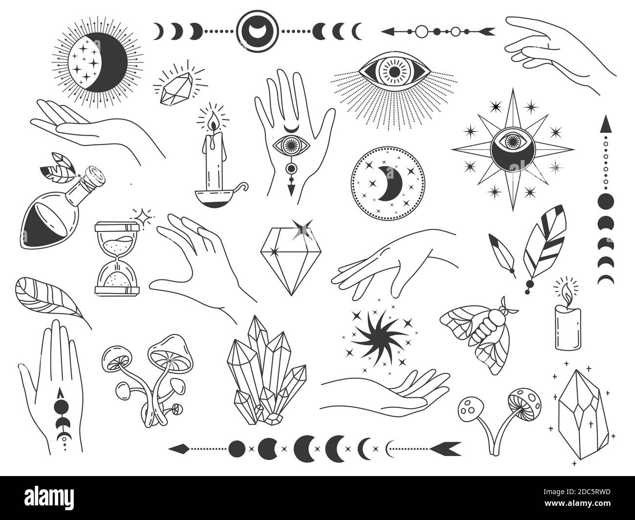 Boho mystische Elemente. Hexen Magie Vintage-Logos mit Kristallen, Händen, Mond und Augen. Skizzieren spirituelle und esoterische Tattoo Design Vektor-Set Stock Vektor