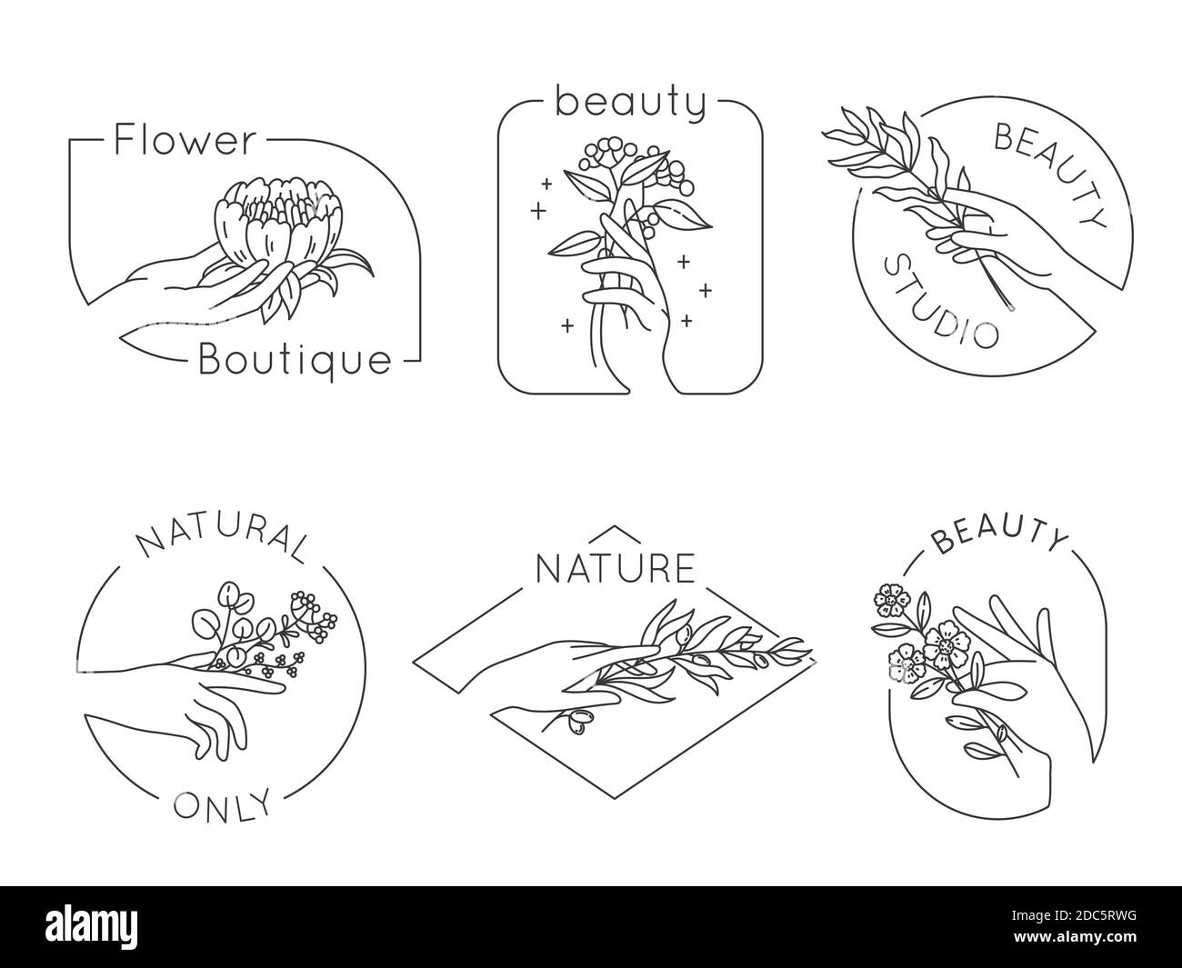 Linie Hand-und Blumen-Logos. Floraler Schönheitssalon, Spa und Kosmetik-Logo mit Frau Hände. Embleme für natürliche handgefertigte Produkte, Vektor-Set Stock Vektor
