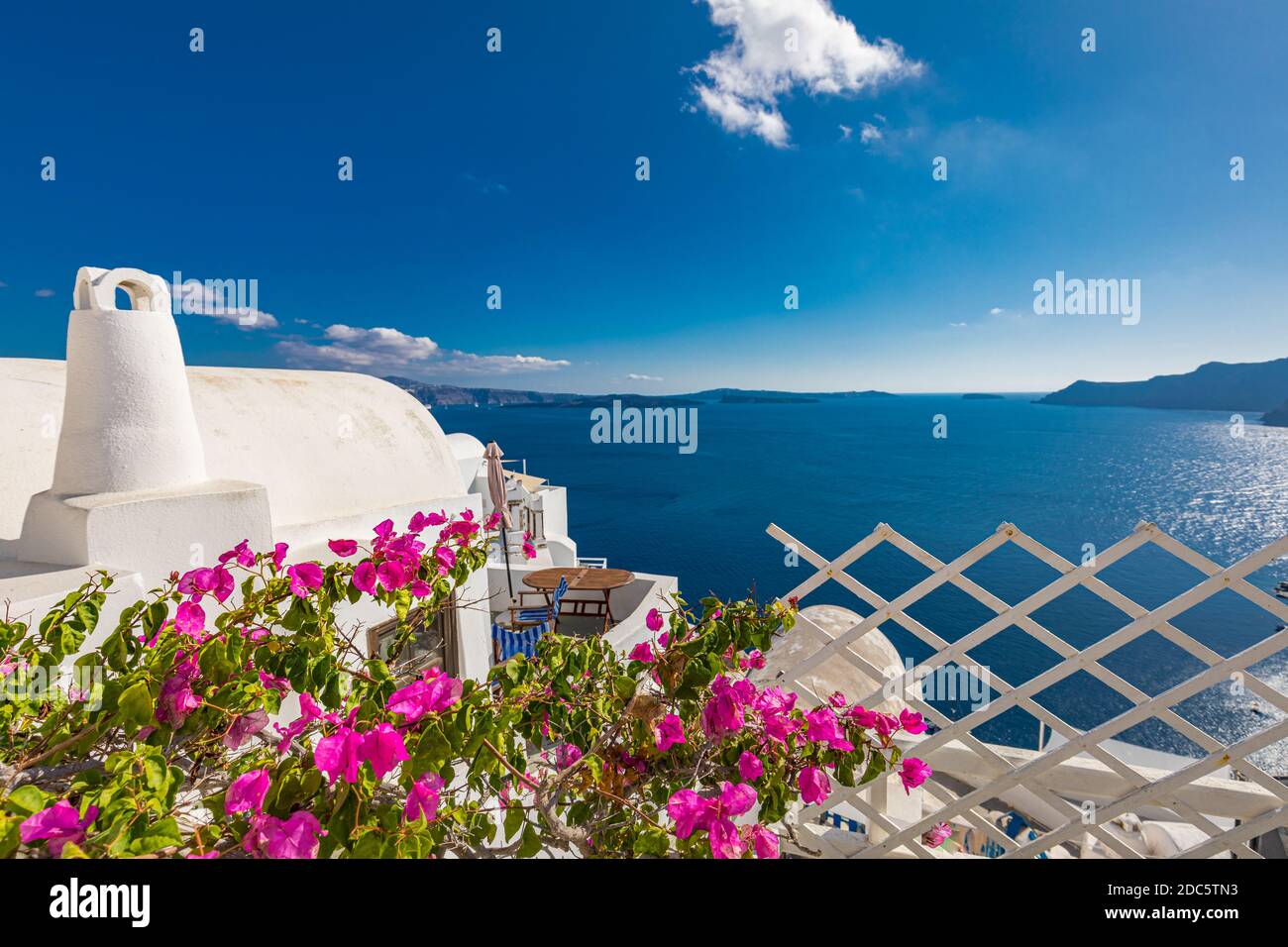 Künstlerische Reiselandschaft, Santorini, Griechenland. Berühmte Ansicht der traditionellen weißen Architektur Landschaft mit Blumen im Vordergrund. Sommerurlaub Stockfoto