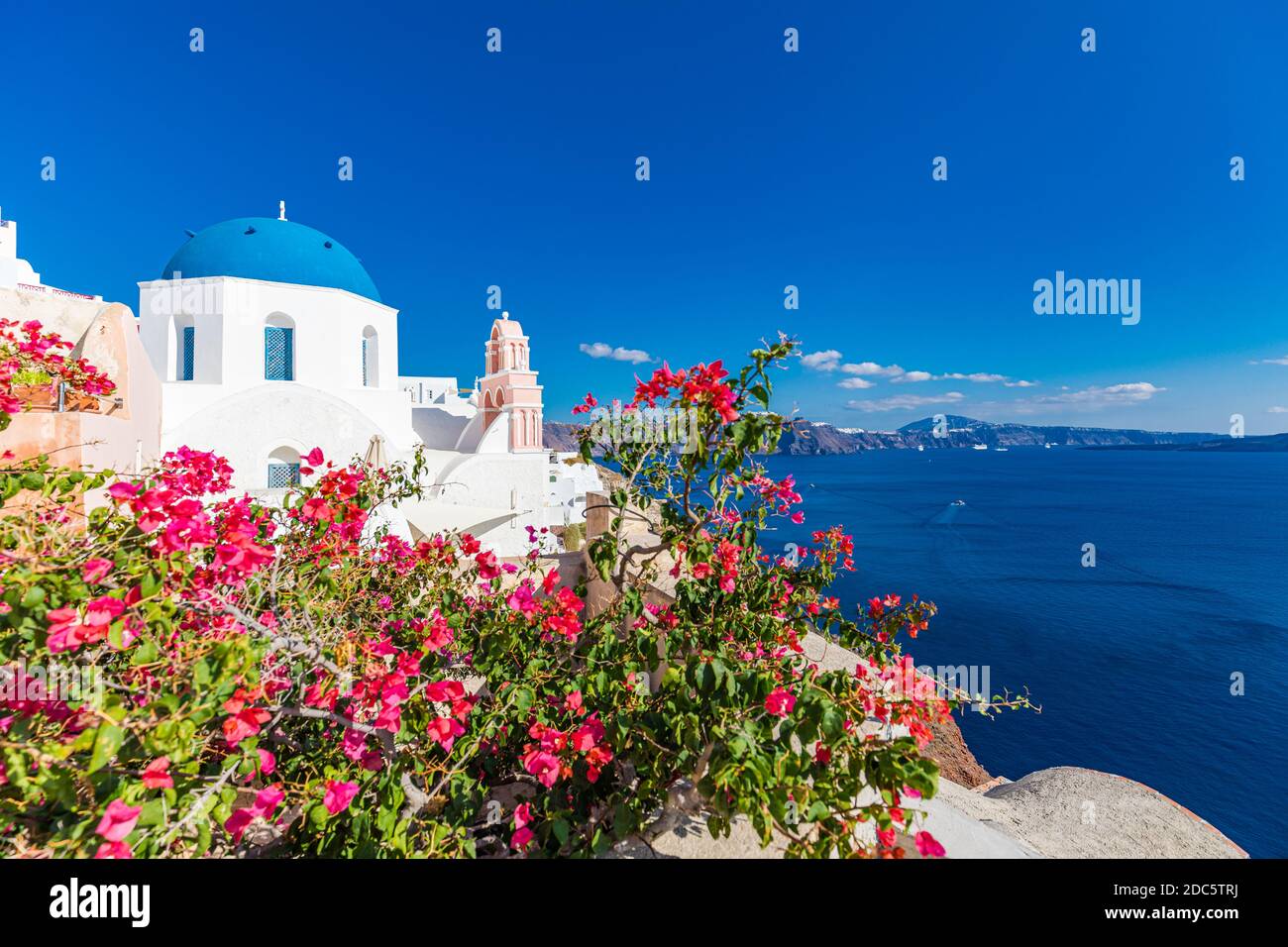 Künstlerische Reiselandschaft, Santorini, Griechenland. Berühmte Ansicht der traditionellen weißen Architektur Landschaft mit Blumen im Vordergrund. Sommerurlaub Stockfoto