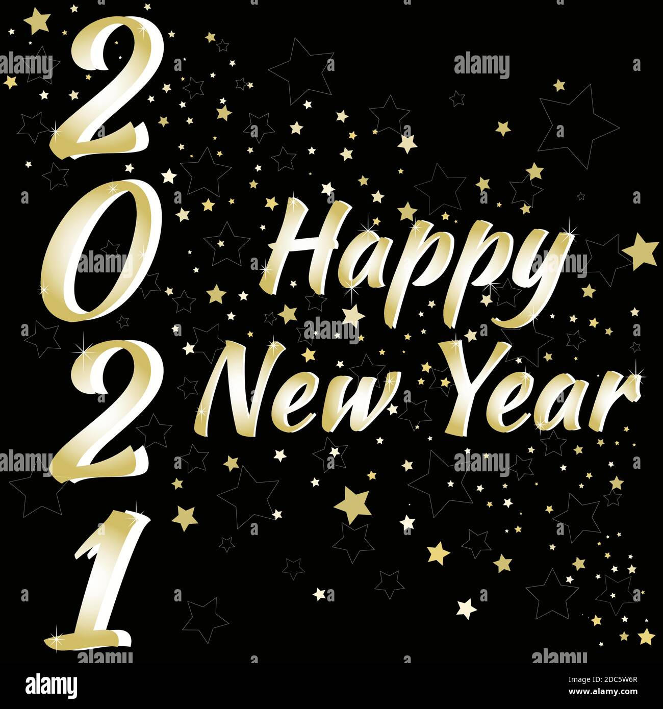 Vektor-Grußkarte in goldenen Buchstaben auf schwarzem Hintergrund mit Funkeln und Sternen. Stock Vektor