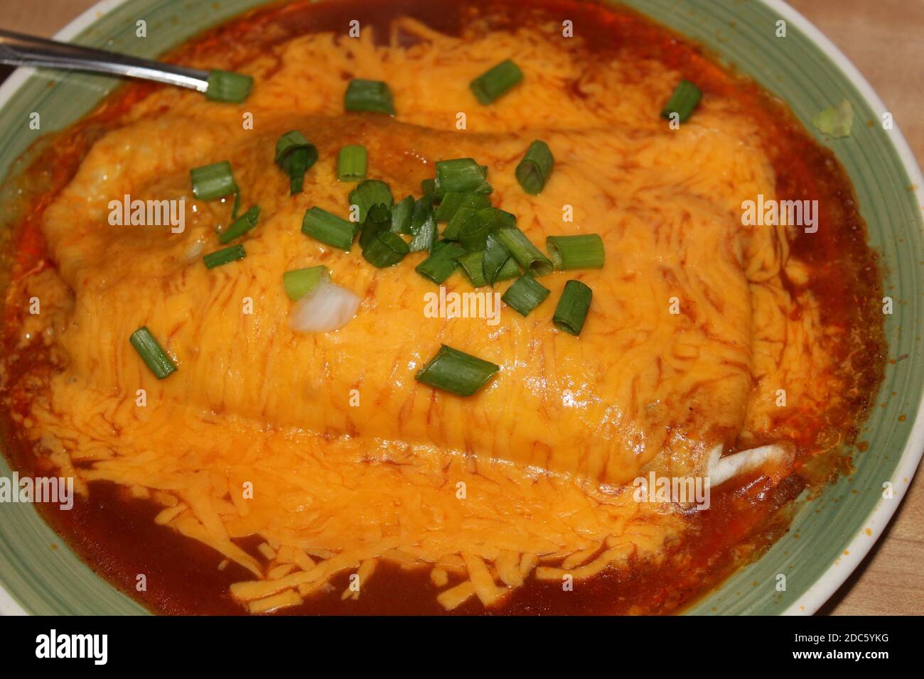 Hausgemachte Enchilada Nahaufnahme auf einem Teller mit Käse und Sauce mit grünen Zwiebeln auf der Oberseite. Stockfoto