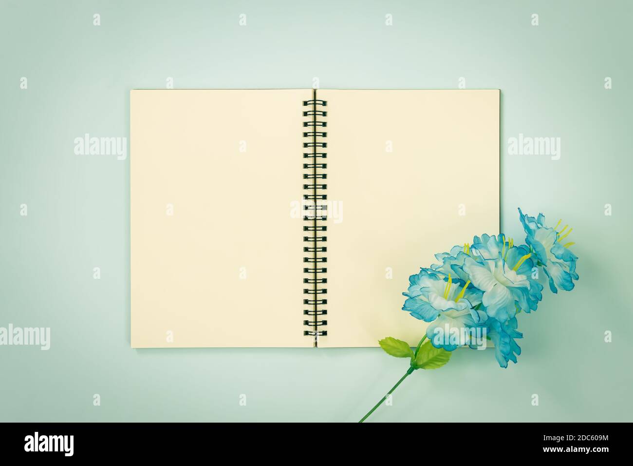 Tischchen Spiral Notizbuch oder Feder Notizbuch Mockup in ungefüttert Tippen Sie auf Mittelrahmen und blaue Blumen unten rechts Ecke auf Blau Pastell minimalistisch Stockfoto