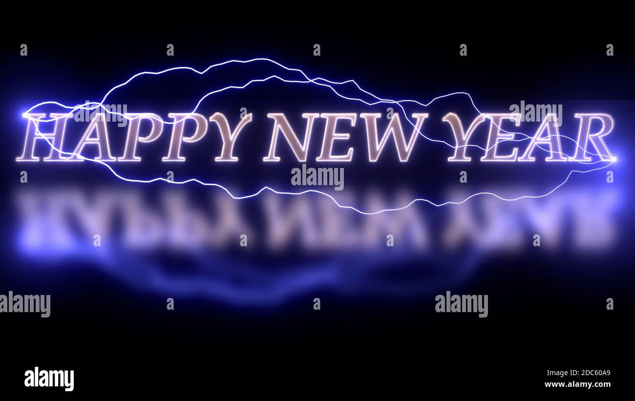 Happy New Year Präsentation Thema, futuristische und filmische Neujahr Text mit schönen Cyberpunk Lichteffekt, Weihnachten und Neujahr Hintergrund. Stockfoto