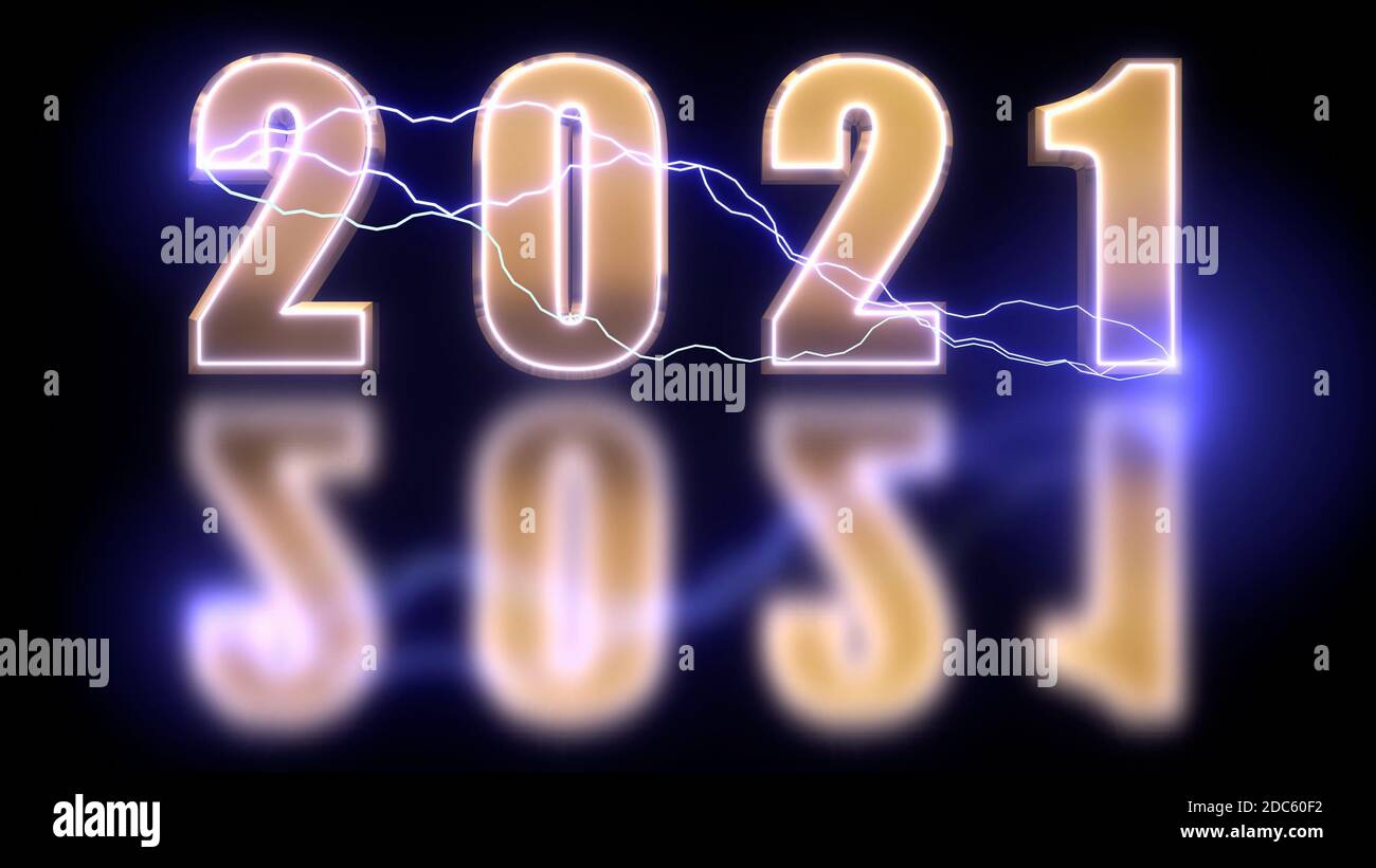 Frohes neues Jahr 2021 Thema, futuristisch und cineastische Neujahr Titel oder Text mit schönen Cyberpunk Lichteffekt, Neujahr Hintergrund .3D Render Stockfoto