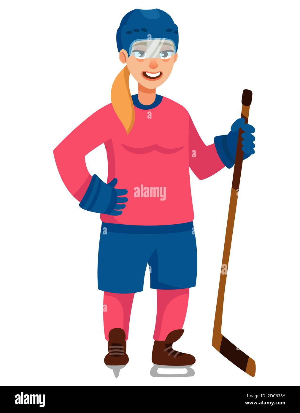 Stehender Hockeyspieler. Weibliche Figur im Cartoon-Stil. Stock Vektor