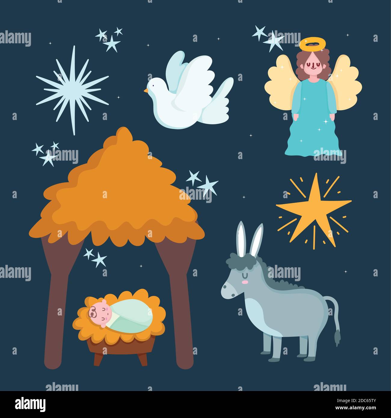 krippe, Krippe Baby jesus Hütte Esel Engel und Stern Cartoon Vektor Illustration Stock Vektor