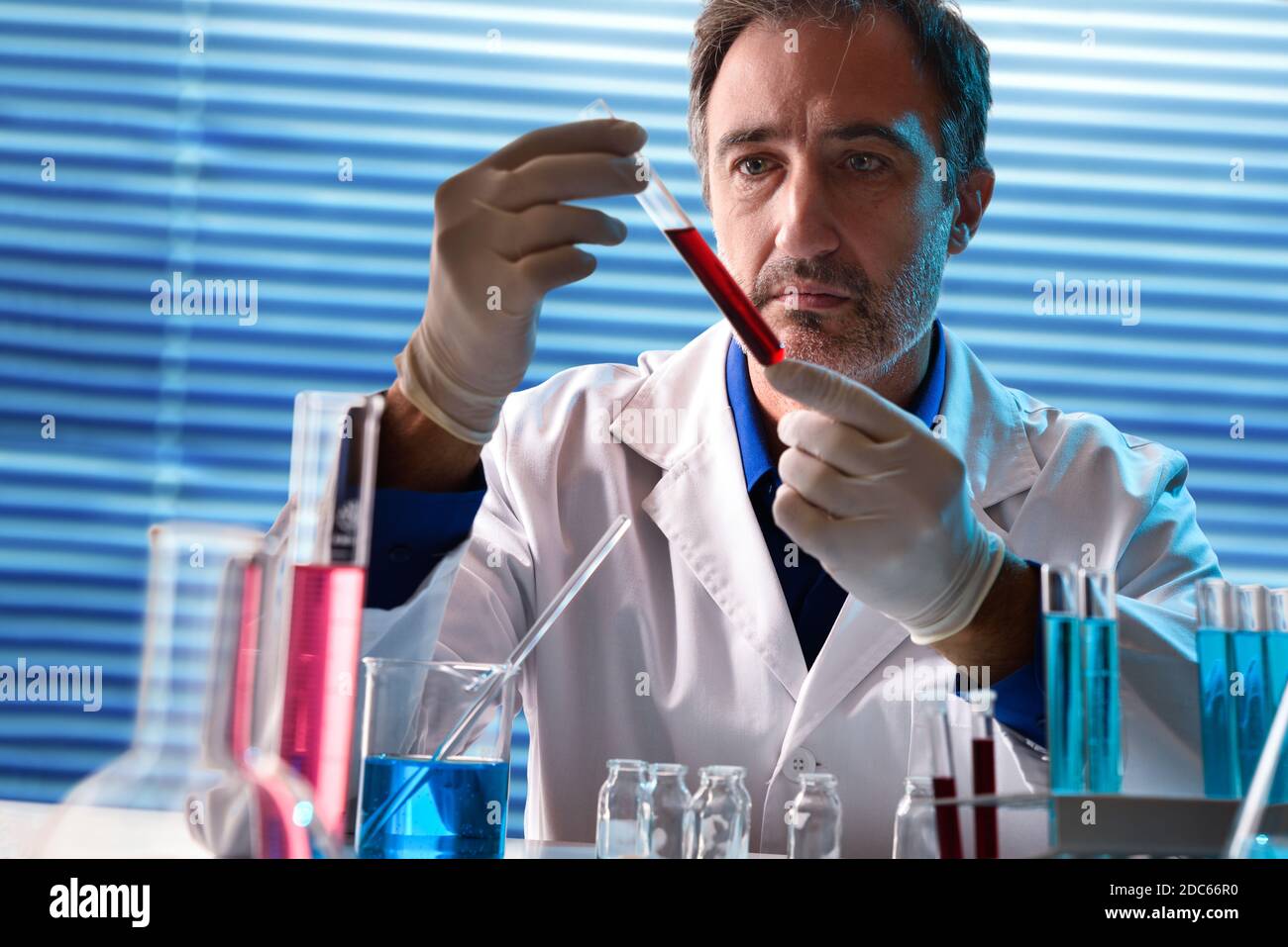 Biochemiker im Labor, der eine Probe in einem Reagenzglas betrachtet. Horizontale Zusammensetzung. Vorderansicht. Stockfoto