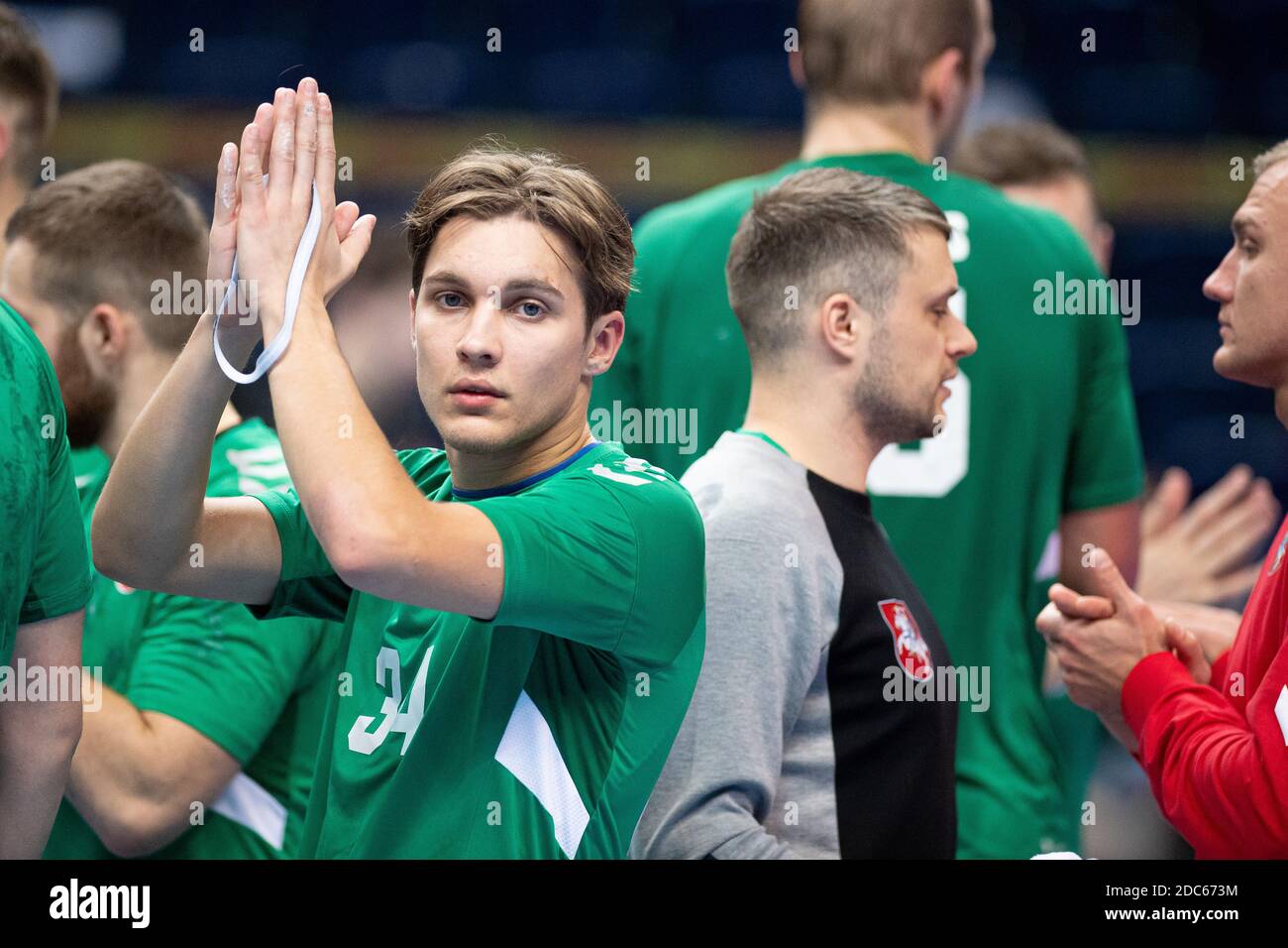 2020-11-08. Vilnius (Litauen) - Siemens Arena. 2022 Europameisterschaft Handball Auswahl Gruppenspiel Litauen - Portugal - 26:34 (14:18). Mykol Stockfoto