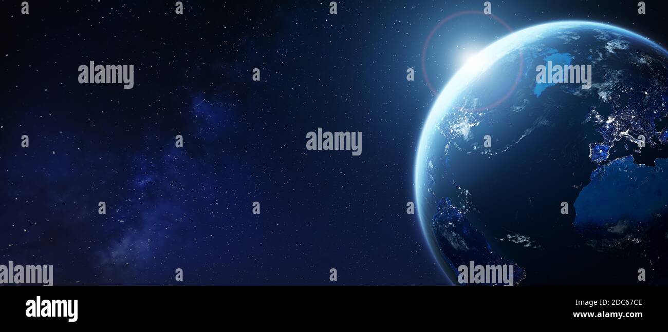 Planet Erde aus dem All mit Stadtlichtern in Europa und Nordamerika. Welt mit Sonne und Stern Hintergrund. Banner für globales Geschäft, internationale Fi Stockfoto