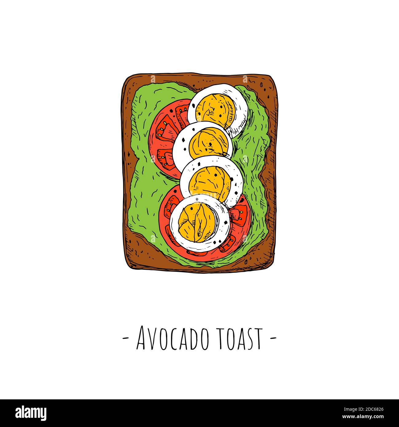 Avocado Toast mit Tomatenscheiben und in Scheiben geschnittenen gekochten Eiern. Draufsicht. Vektorgrafik Cartoon-Illustration. Isoliertes Objekt auf weißem Hintergrund. Handgezeichneter Stil Stock Vektor