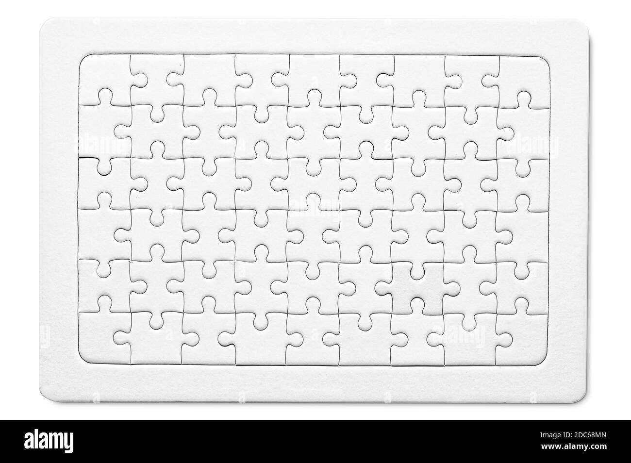 Leeres weißes Papier Puzzle Erfolg Mosaik Lösung mockup für Bedruckbare Puzzle Stücke Gitter Design-Vorlage isolieren auf weißem Hintergrund Stockfoto