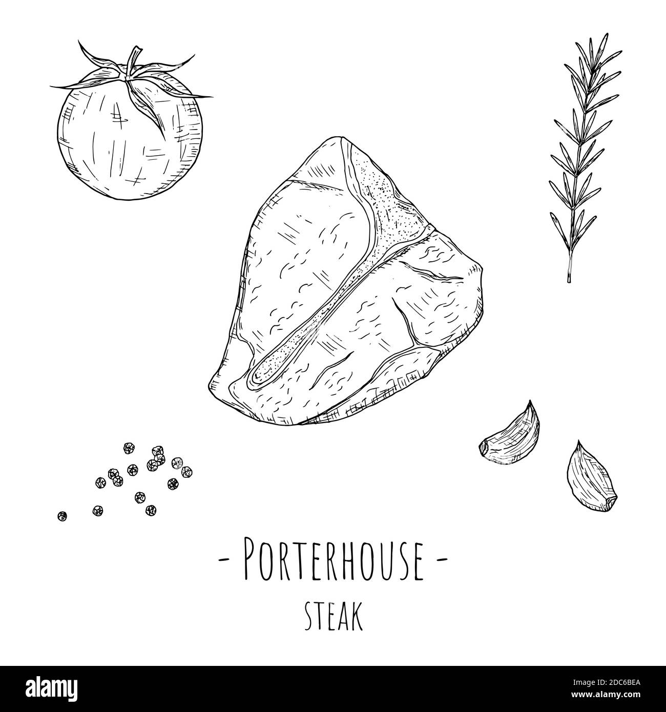 Porterhouse Steak. Vektorgrafik Cartoon-Illustration. Isoliertes Objekt auf weißem Hintergrund. Handgezeichneter Stil. Stock Vektor