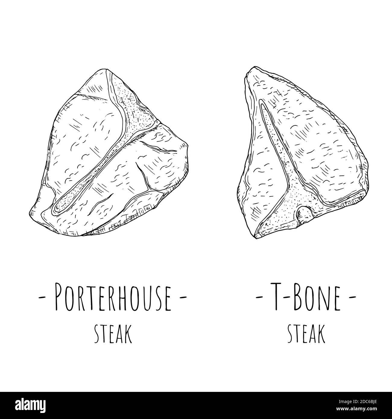 T-Bone Steak und Porterhouse Steak. Vektorgrafik Cartoon Illustrationen. Isolierte Objekte auf weißem Hintergrund. Handgezeichneter Stil. Stock Vektor