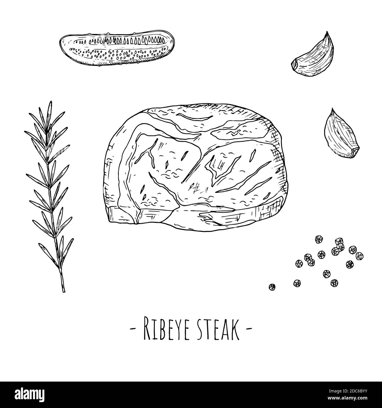 Ribeye Steak. Vektorgrafik Cartoon-Illustration. Isoliertes Objekt auf weißem Hintergrund. Handgezeichneter Stil. Stock Vektor