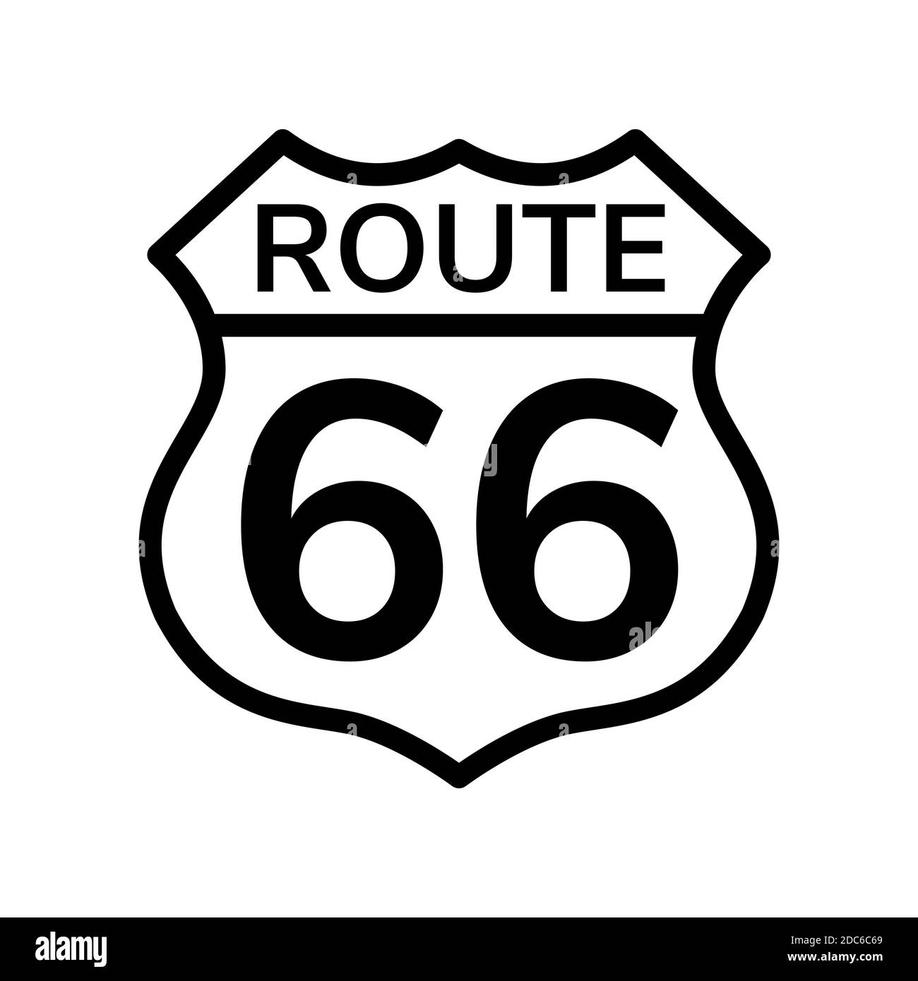 Schild Route 66. Schwarz und Weiß. Umrisssymbol. Isoliertes Objekt auf Weiß. Vektorgrafik. Stock Vektor