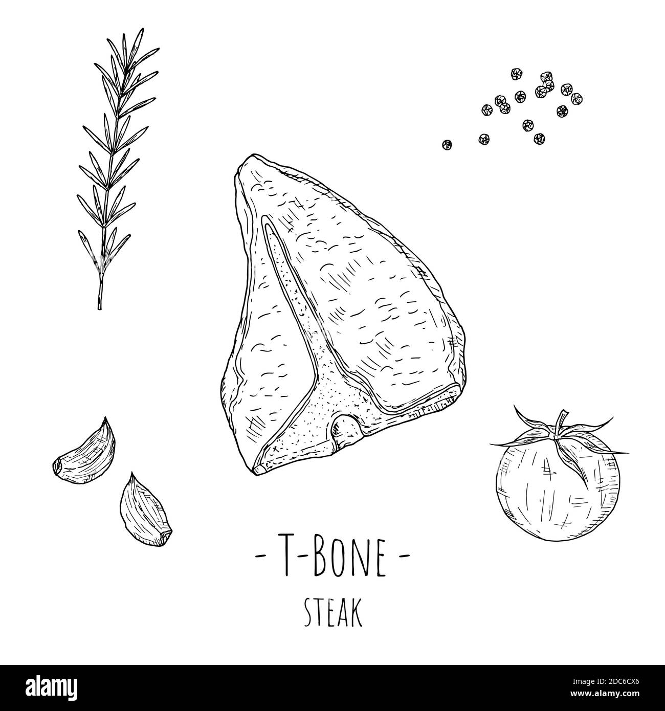 T-Bone Steak. Vektorgrafik Cartoon-Illustration. Isoliertes Objekt auf weißem Hintergrund. Handgezeichneter Stil. Stock Vektor