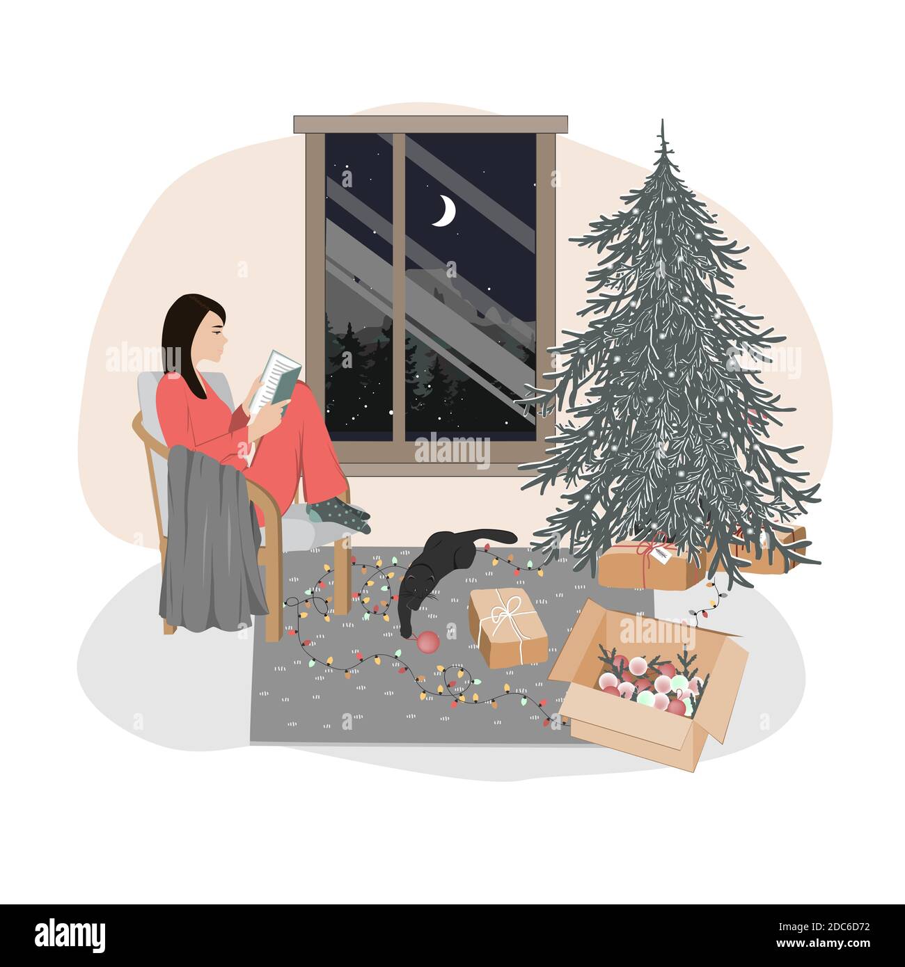 Ein nettes entspanntes Mädchen, das in einem Stuhl sitzt und liest. Hygge Weihnachten Stimmung, Weihnachten Innenraum Vektor-Illustration Stock Vektor