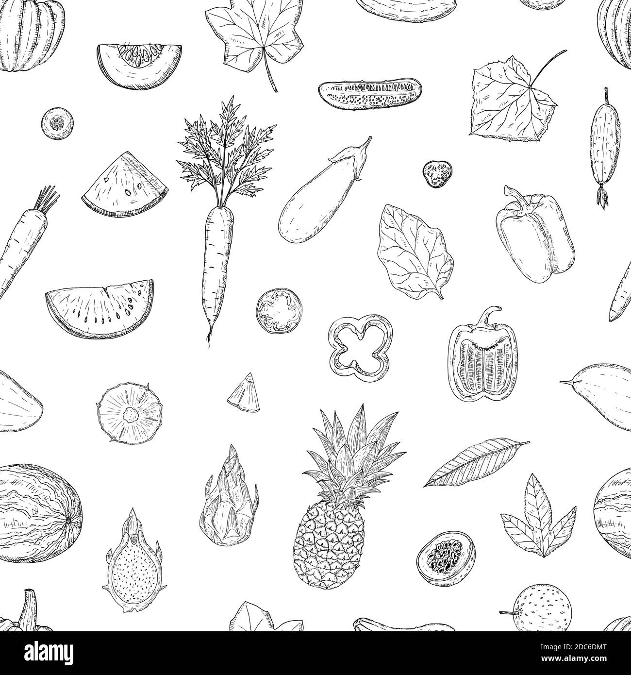 Nahtlose Muster von Obst und Gemüse. Vektor Cartoon Hintergrund. Handgezeichneter Stil. Stock Vektor