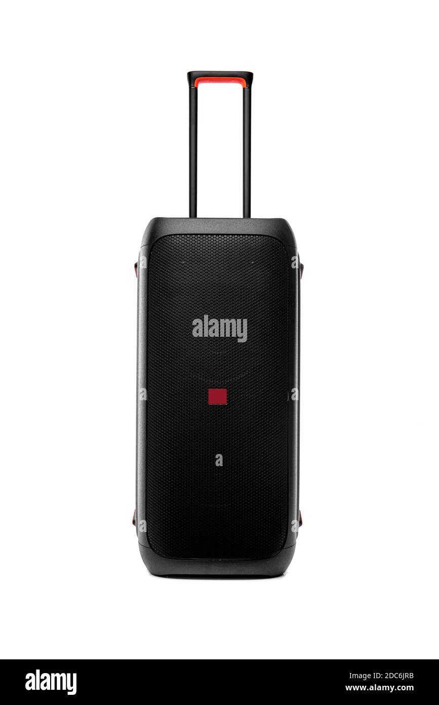 Tragbarer großer schwarzer Lautsprecher, isoliert auf weißem Hintergrund. Stockfoto