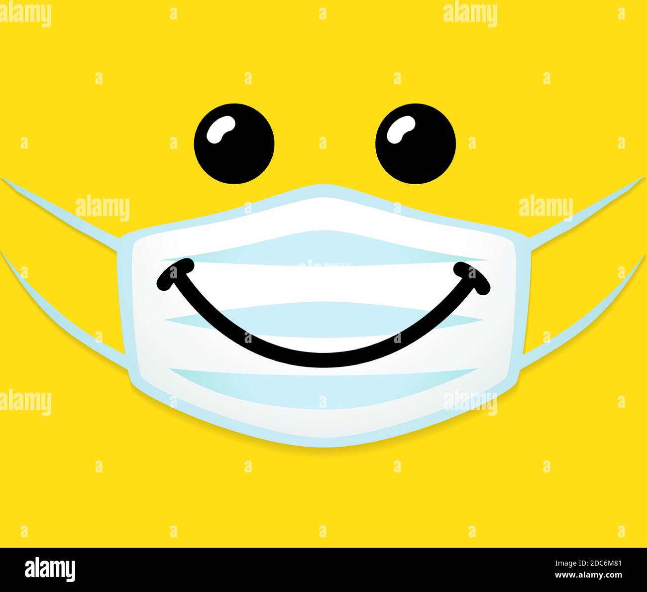 Emoji Lächeln Gesicht mit schützenden Mundmaske. Emoticon flache lächelnde Ikone in einer weißen OP-Maske. Vektor-Illustration für soziale Distanz auf gelb Stock Vektor