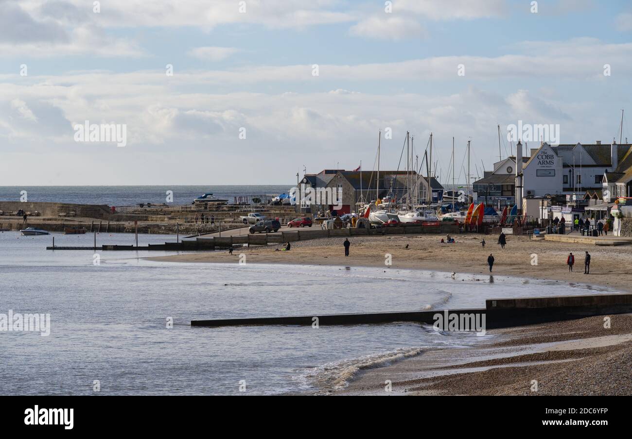 Lyme Regis, Dorset, Großbritannien. November 2020. UK Wetter: Helle Sonnenzauber im Badeort Lyme Regis. Die Einheimischen genießen eine kurze Pause vom trüben und nassen Wetter. Kredit: Celia McMahon/Alamy Live Nachrichten Stockfoto