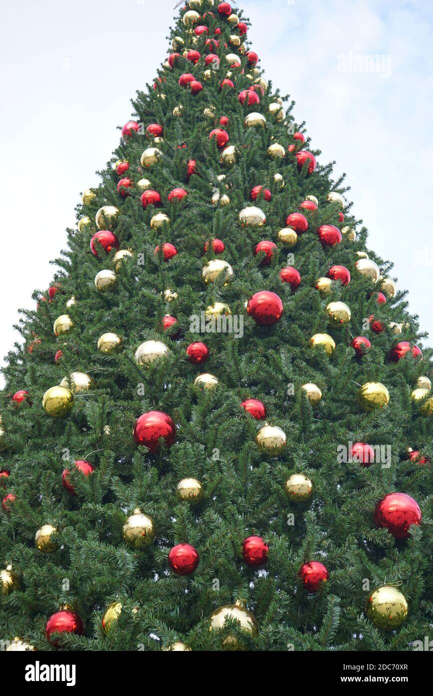 weihnachtsbaum mit Girlanden von glühenden und Dekorationen, blauer Himmel Stockfoto