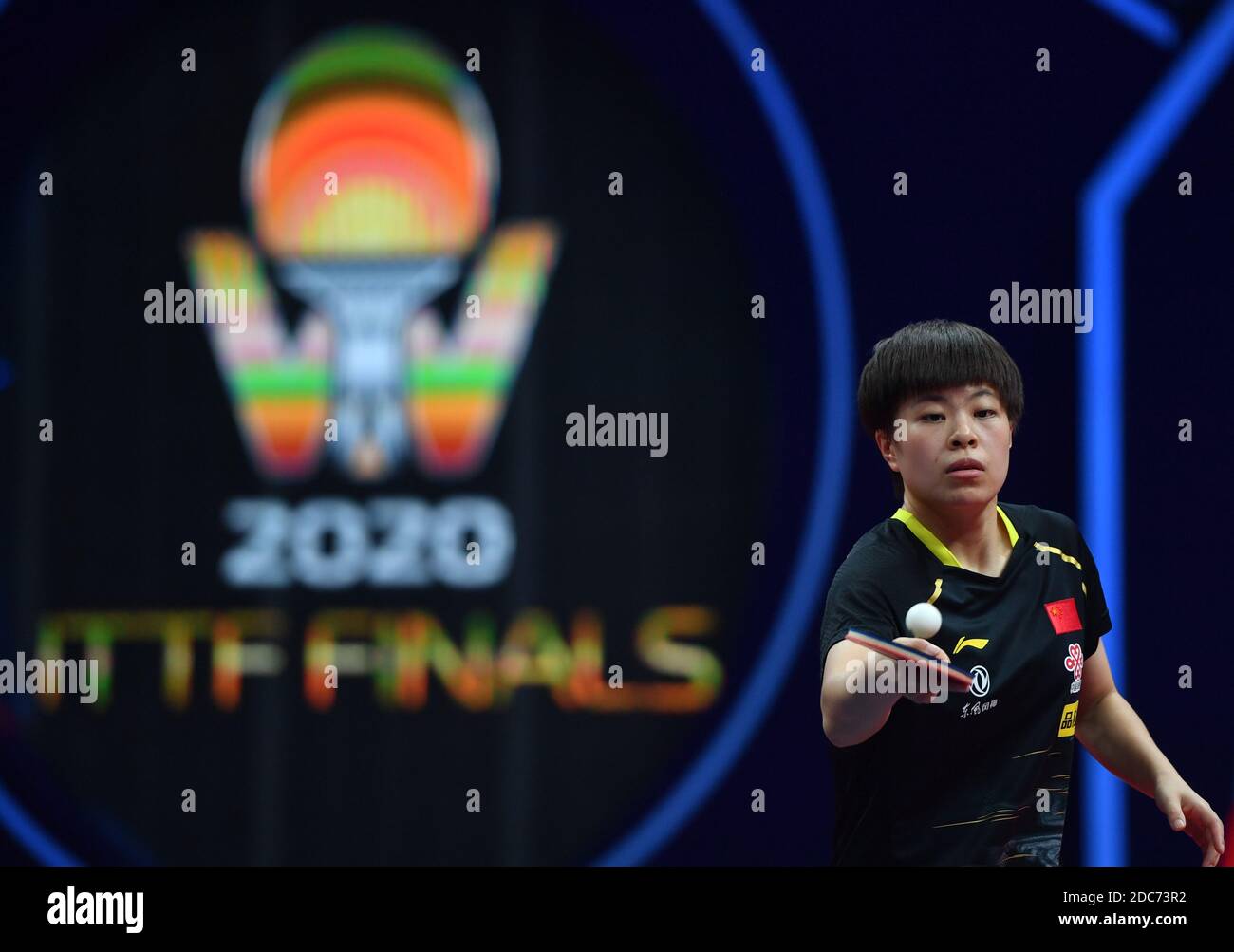 Zhengzhou, Chinas Provinz Henan. November 2020. Wang Yidi aus China bereitet sich darauf vor, während der Frauen-Einzelrunde 16 zwischen Wang Yidi aus China und Sofia Polcanova aus Österreich beim ITTF-Finale 2020 in Zhengzhou, der Hauptstadt der zentralchinesischen Provinz Henan, am 19. November 2020 zu dienen. Quelle: Li Jianan/Xinhua/Alamy Live News Stockfoto