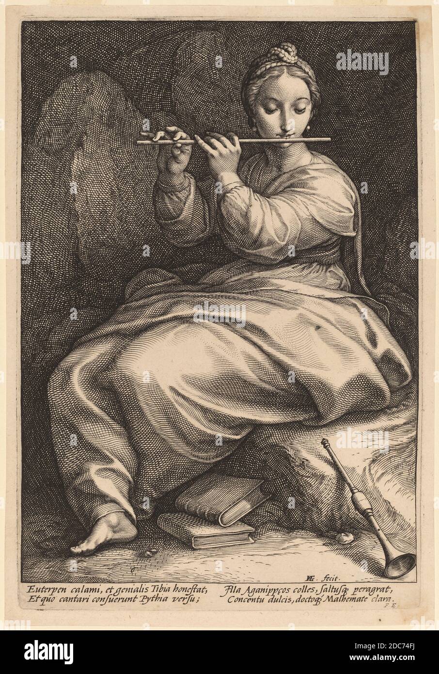 Hendrick Goltzius, (Künstler), Niederländisch, 1558 - 1617, Euterpe, die neun Musen, (Serie), wohl 1592, Gravur Stockfoto