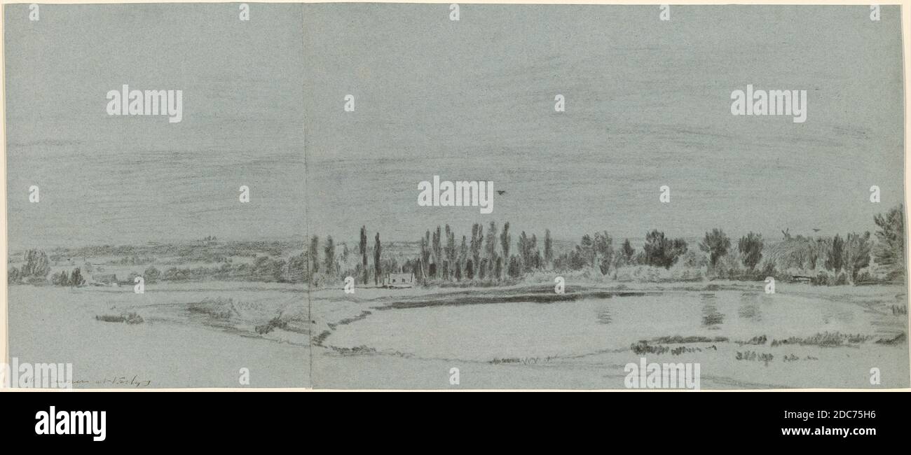 William Turner of Oxford, (artist), British, 1789 - 1862, extensive Landscape with a Pond, Holzkohle mit weißen Akzenten auf zwei verbundenen Blättern aus blauem Wove-Papier, insgesamt: 21.5 x 50.3 cm (8 7/16 x 19 13/16 Zoll Stockfoto