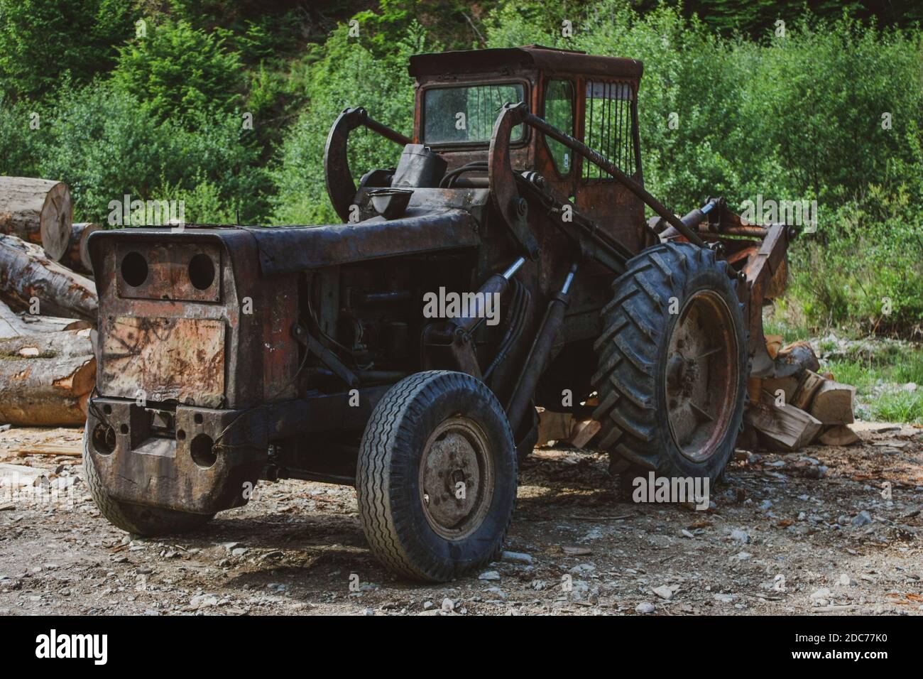 Ein Traktor, der einige Baumstämme bewegt Stockfoto