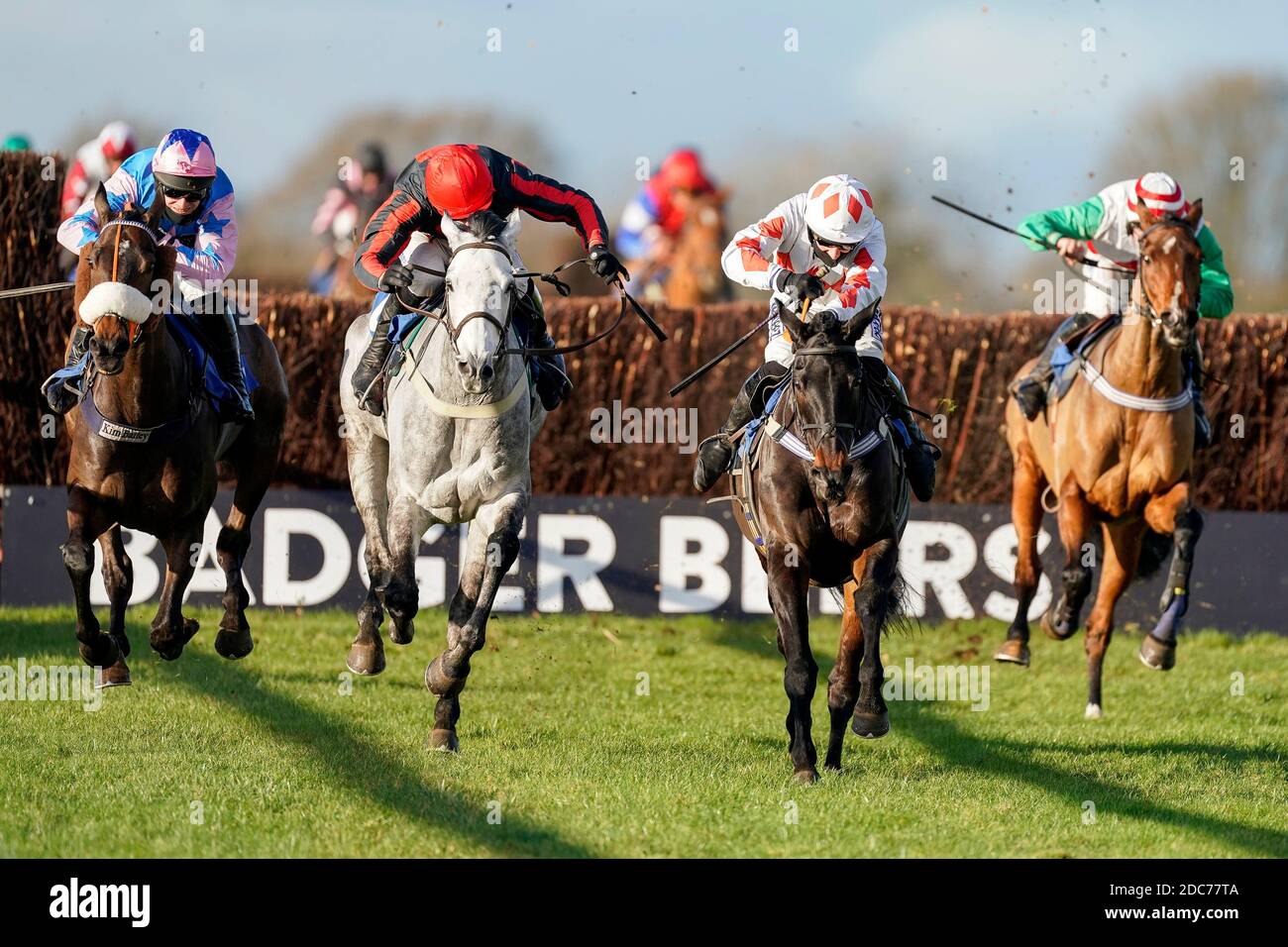 Der gebürtige Robin mit Rex Dingle (vorne rechts) hat den letzten, der das Racing TV HD auf Sky 426 Handicap Chase auf der Wincanton Racecourse gewinnt, gelöscht. Stockfoto