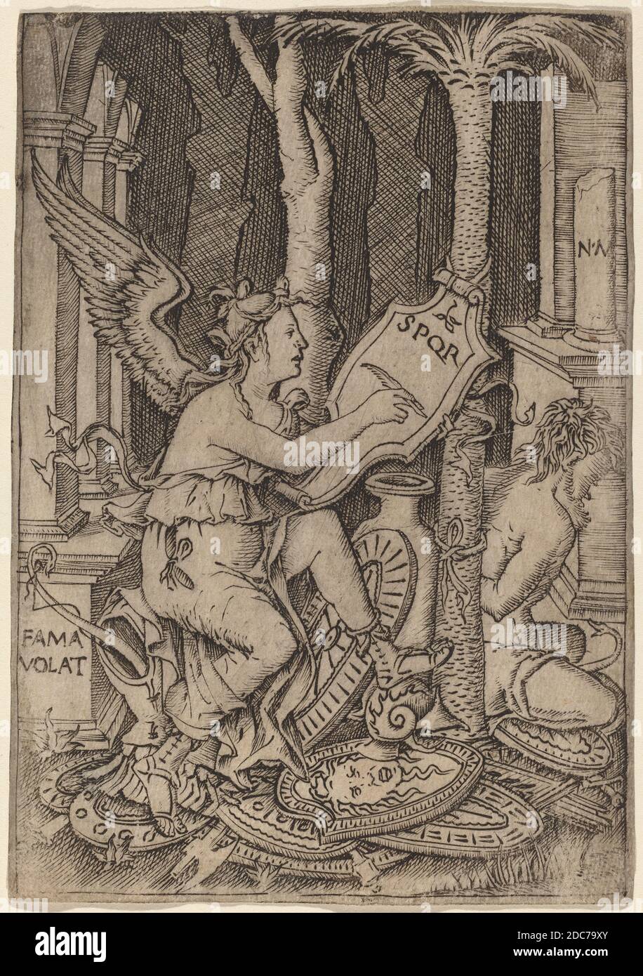 Nicoletto da Modena, (Künstler), Italienisch, aktiv 1500/1512, Fama, c. 1507, Gravur, Blatt (auf Plattenmarkierung zugeschnitten): 13.5 x 9.5 cm (5 5/16 x 3 3/4 Zoll Stockfoto