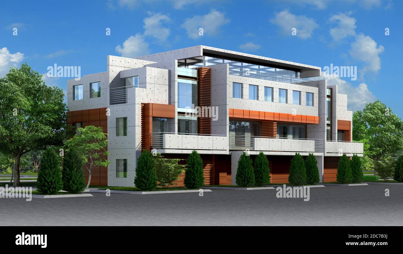3D Illustration eines luxuriösen Wohnhauses in einem zeitgenössischen Architekturstil. Stockfoto