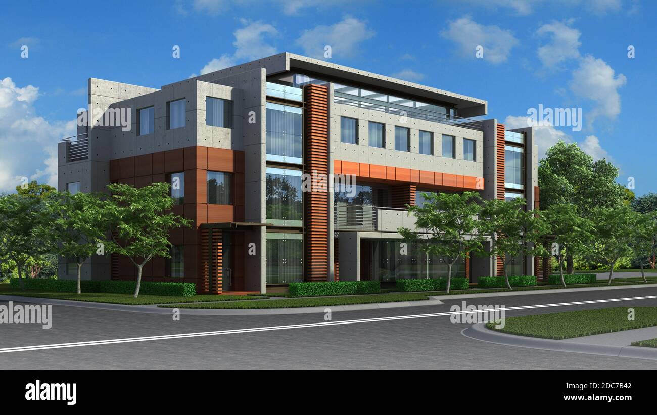 3D Illustration eines luxuriösen Wohnhauses in einem zeitgenössischen Architekturstil. Stockfoto