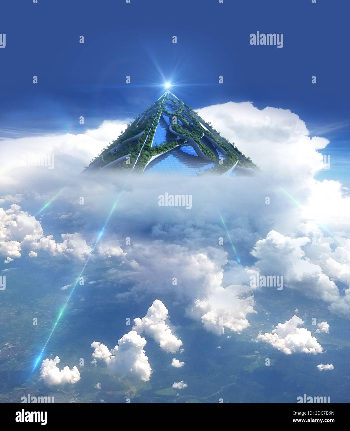 3D Illustration einer futuristischen schwebenden Himmelspyramide mit vertikalen Gartenstrukturen und angetrieben von exotischen Energieschnüren am Boden, für Stockfoto