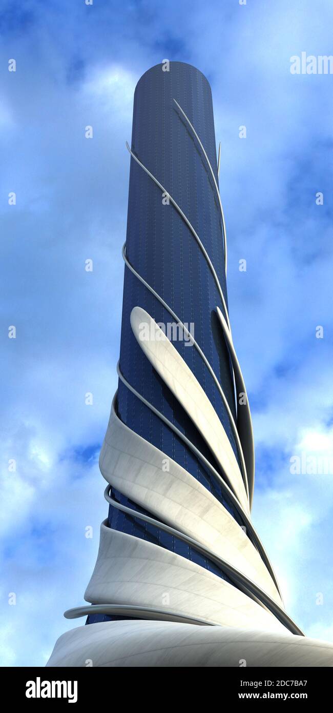 3D-Illustration der futuristischen Stadtarchitektur eines Wolkenkratzers mit dem Isolation Arbeitspfad in der Datei enthalten, für Science Fiction oder Fantasie zurück Stockfoto