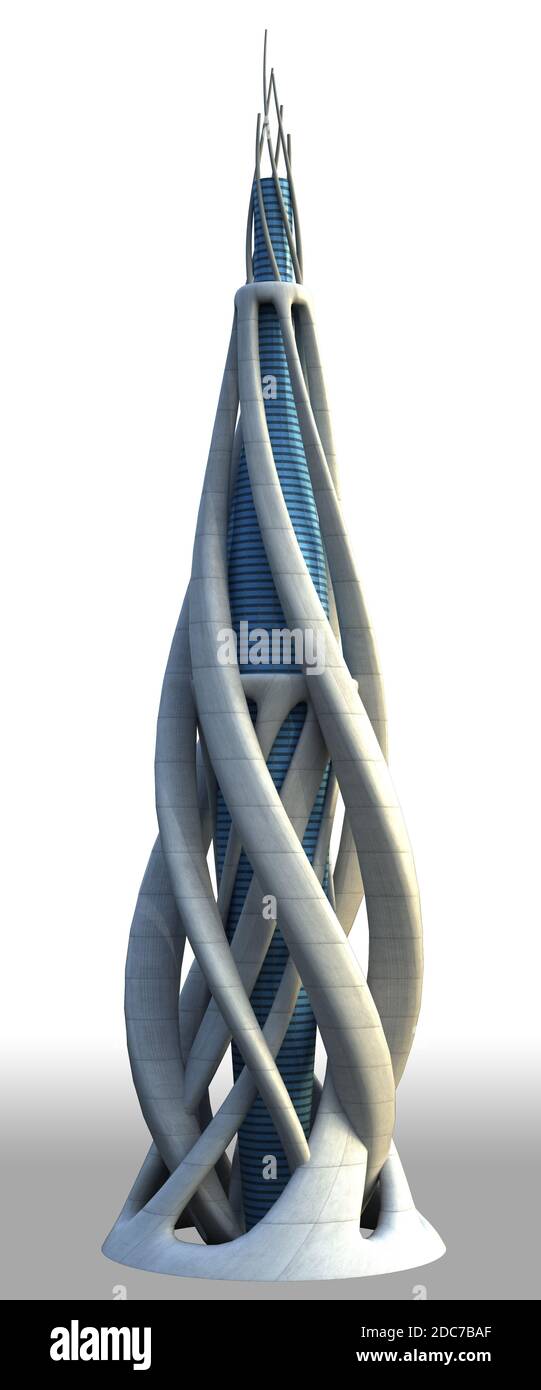 3D-Illustration der futuristischen Stadtarchitektur eines Wolkenkratzers mit dem Isolation Arbeitspfad in der Datei enthalten, für Science Fiction oder Fantasie zurück Stockfoto