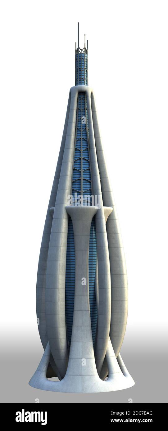 3D-Illustration der futuristischen Stadtarchitektur eines Wolkenkratzers mit dem Isolation Arbeitspfad in der Datei enthalten, für Science Fiction oder Fantasie zurück Stockfoto