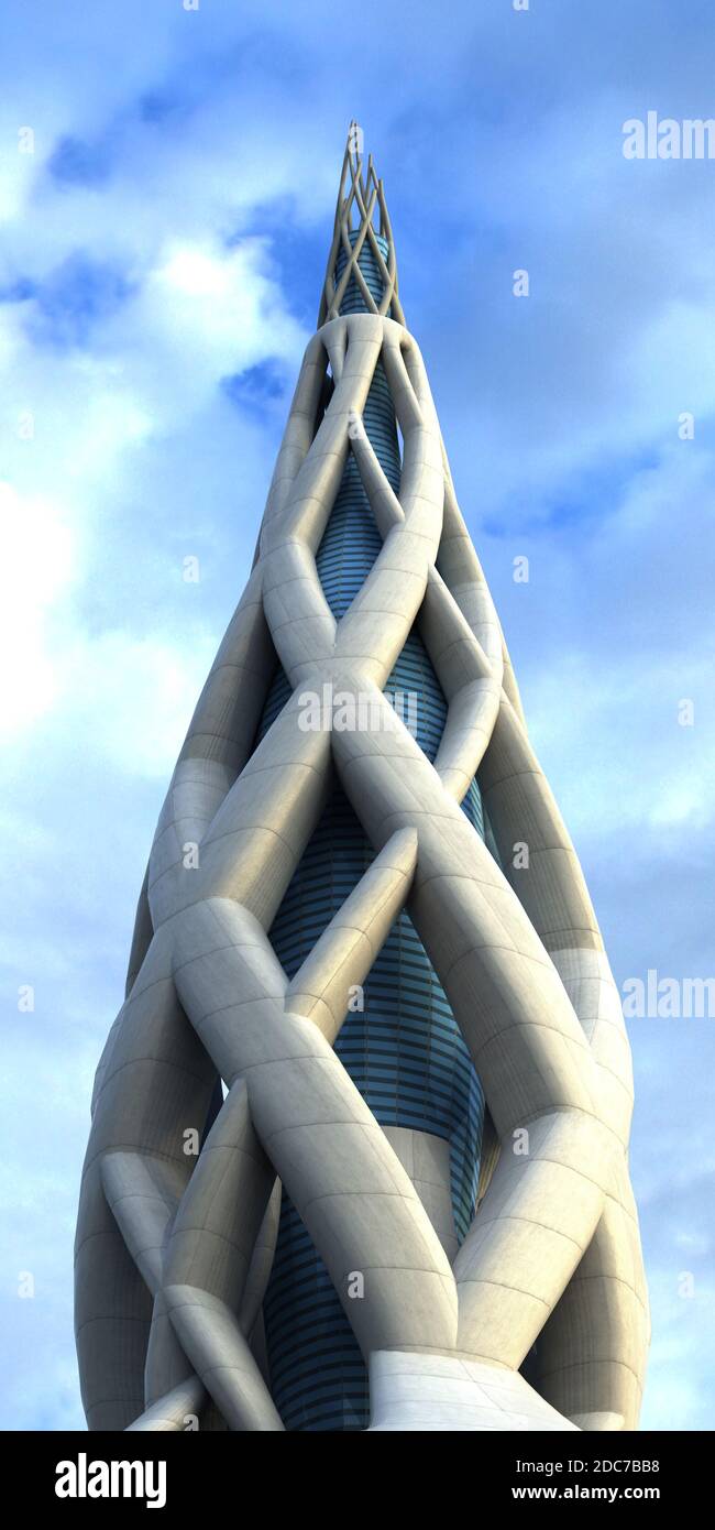 3D-Illustration der futuristischen Stadtarchitektur mit einem Hochhaus organischen Design. Der Arbeitsweg für Isolation ist in der Datei für Science Fiction enthalten Stockfoto