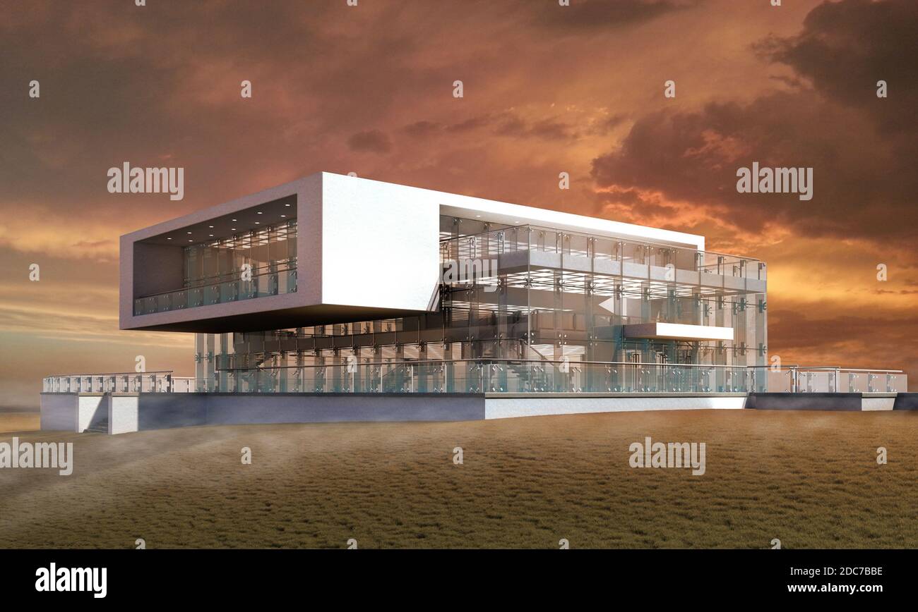 3D Illustration eines zeitgenössischen, luxuriösen Hauses in Sonnenuntergang, für zeitgenössische architektonische Design Hintergründe. Stockfoto