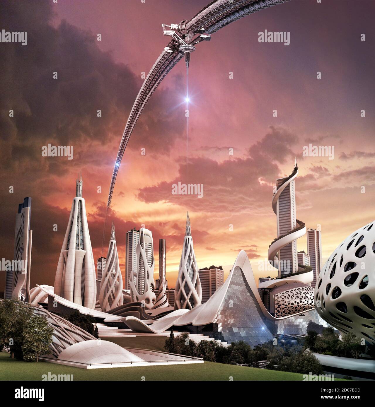 3D-Illustration einer futuristischen Stadt, angetrieben von einer exotischen Energiequelle, die in einer Raumradstruktur entstand, für Fantasy und Science Fiction Backgr Stockfoto