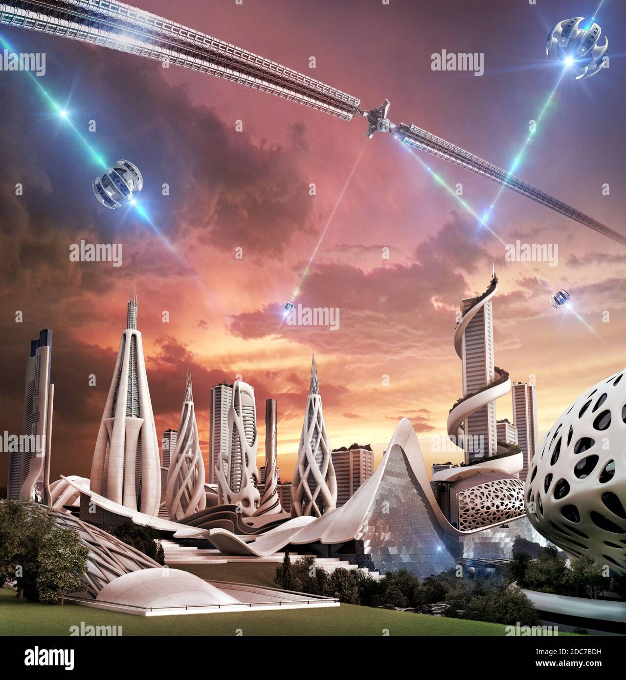 3D-Illustration einer futuristischen Stadt, die von einer exotischen Energiequelle angetrieben wird, die aus einer Raumfahrradstruktur mit fliegenden Drohnen stammt, für Fantasy und Science Stockfoto