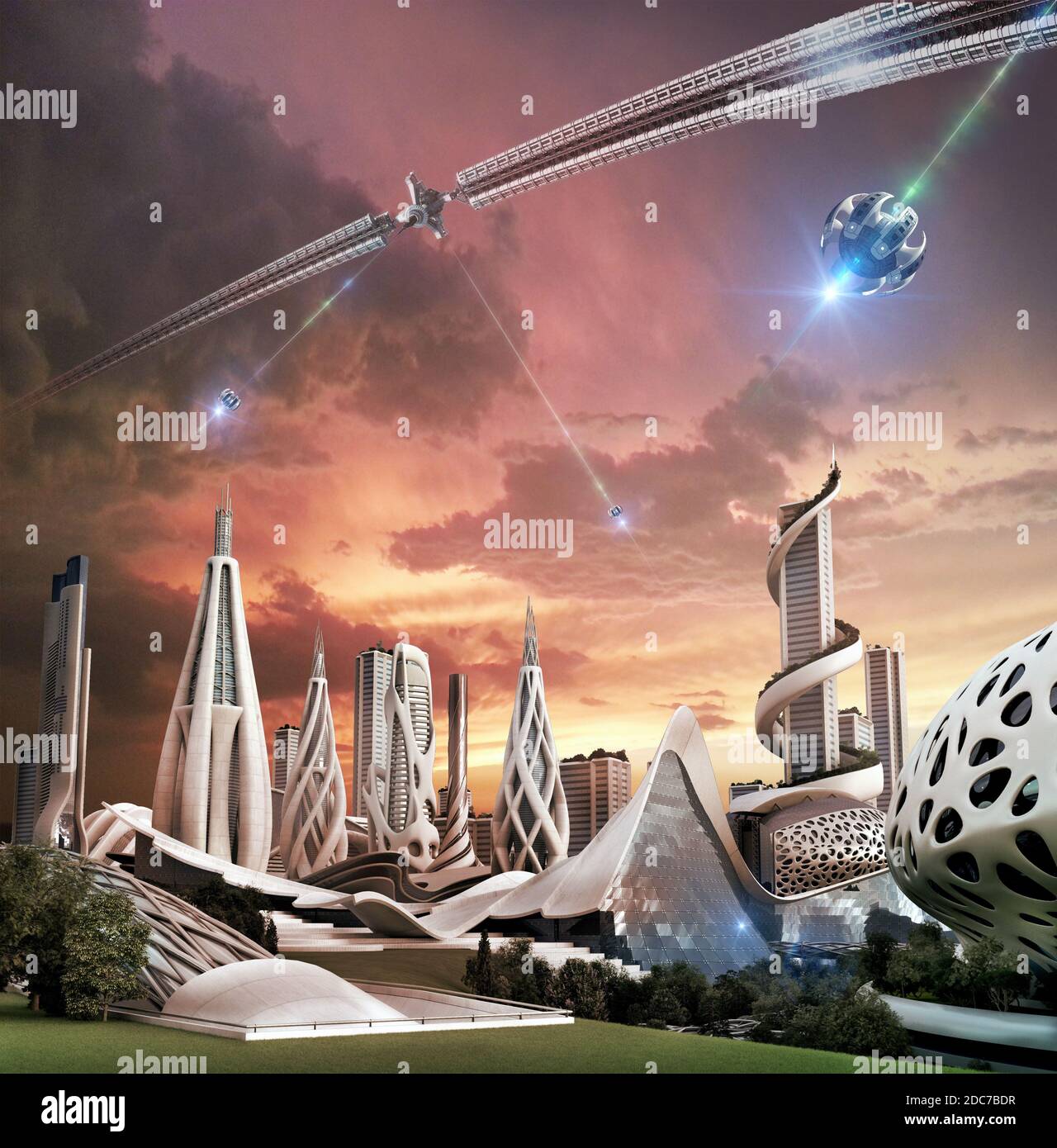 3D-Illustration einer futuristischen Stadt, die von einer exotischen Energiequelle angetrieben wird, die aus einer Raumfahrradstruktur mit fliegenden Drohnen stammt, für Fantasy und Science Stockfoto