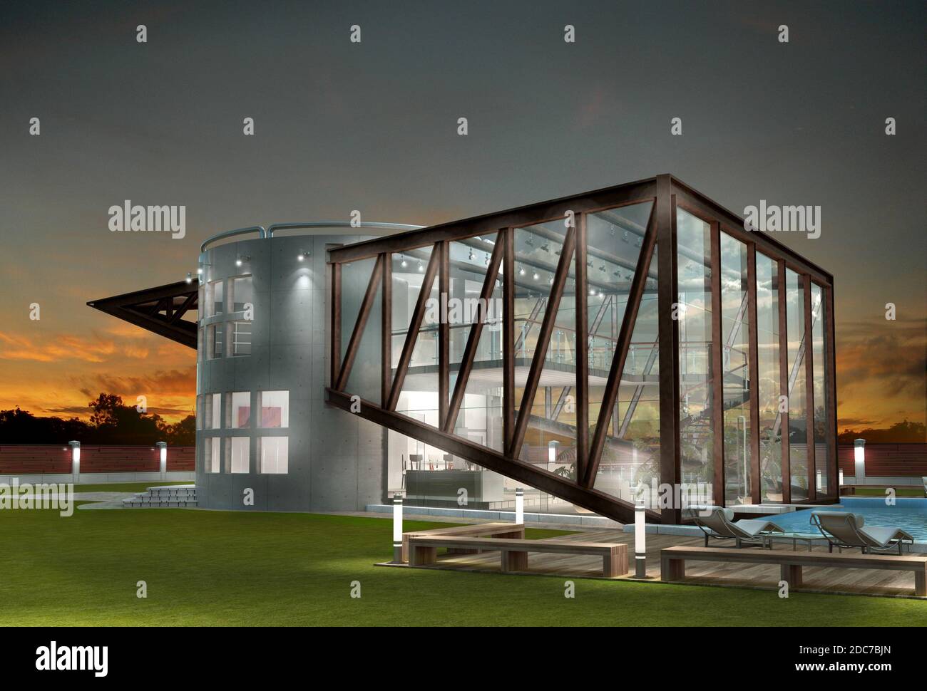 3D Illustration eines Luxushauses mit technologischem Design, für zeitgenössische architektonische Hintergründe. Stockfoto