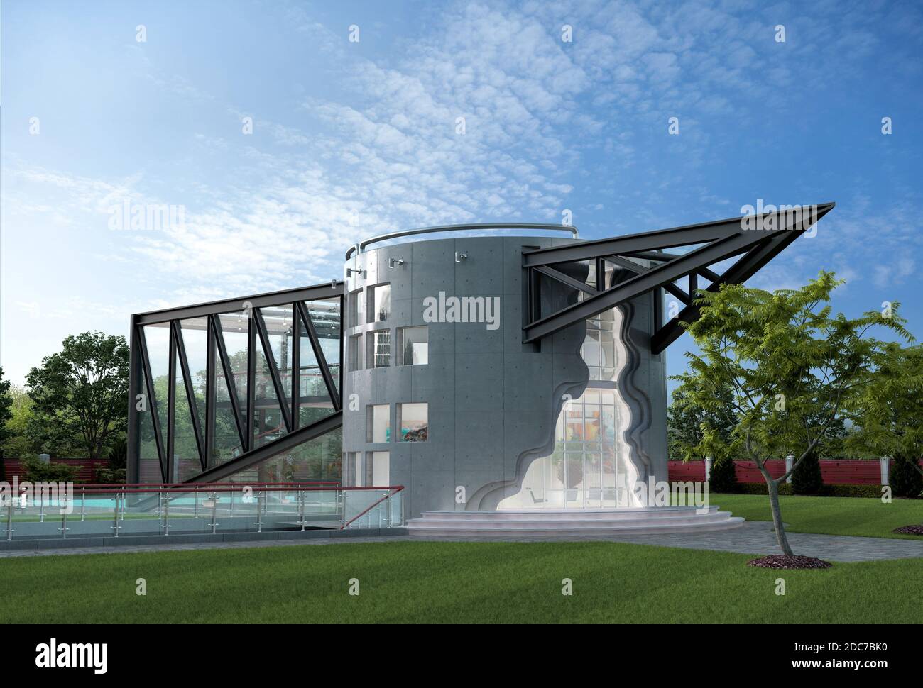 3D Illustration eines Luxushauses mit technologischem Design, für zeitgenössische architektonische Hintergründe. Stockfoto