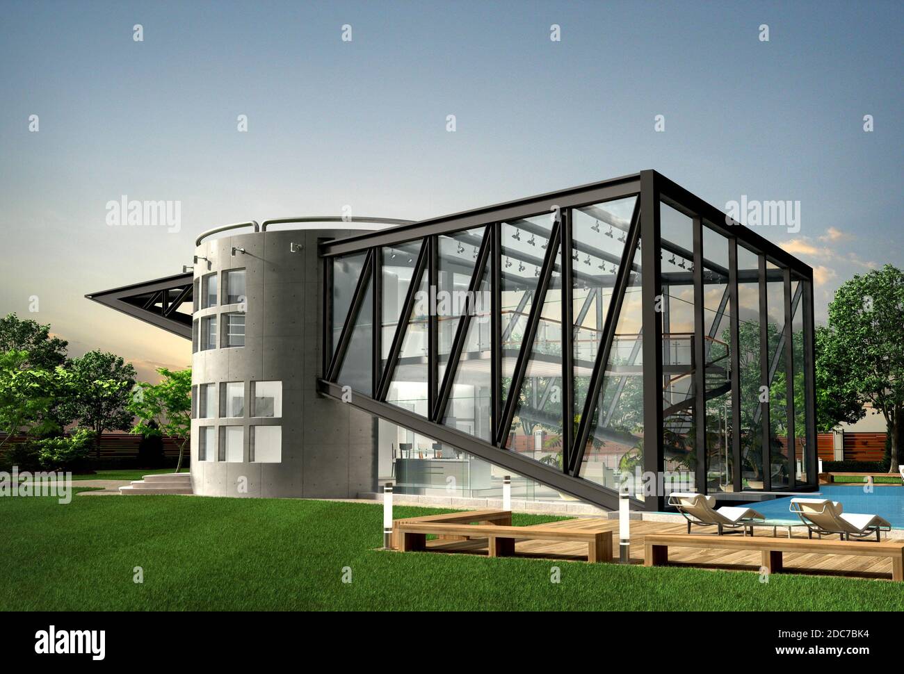 3D Illustration eines Luxushauses mit technologischem Design, für zeitgenössische architektonische Hintergründe. Stockfoto