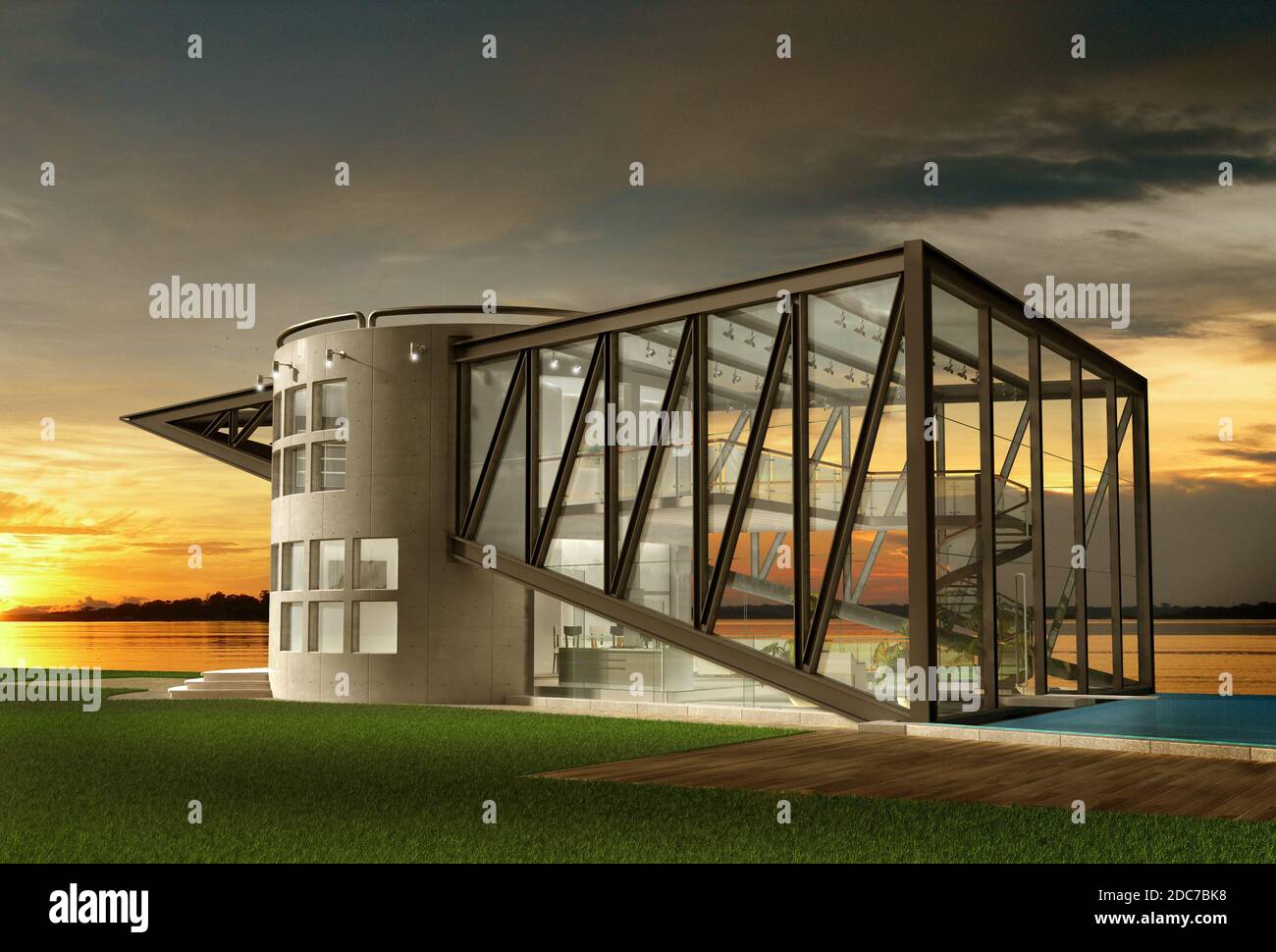 3D Illustration eines Luxushauses mit technologischem Design, für zeitgenössische architektonische Hintergründe. Stockfoto